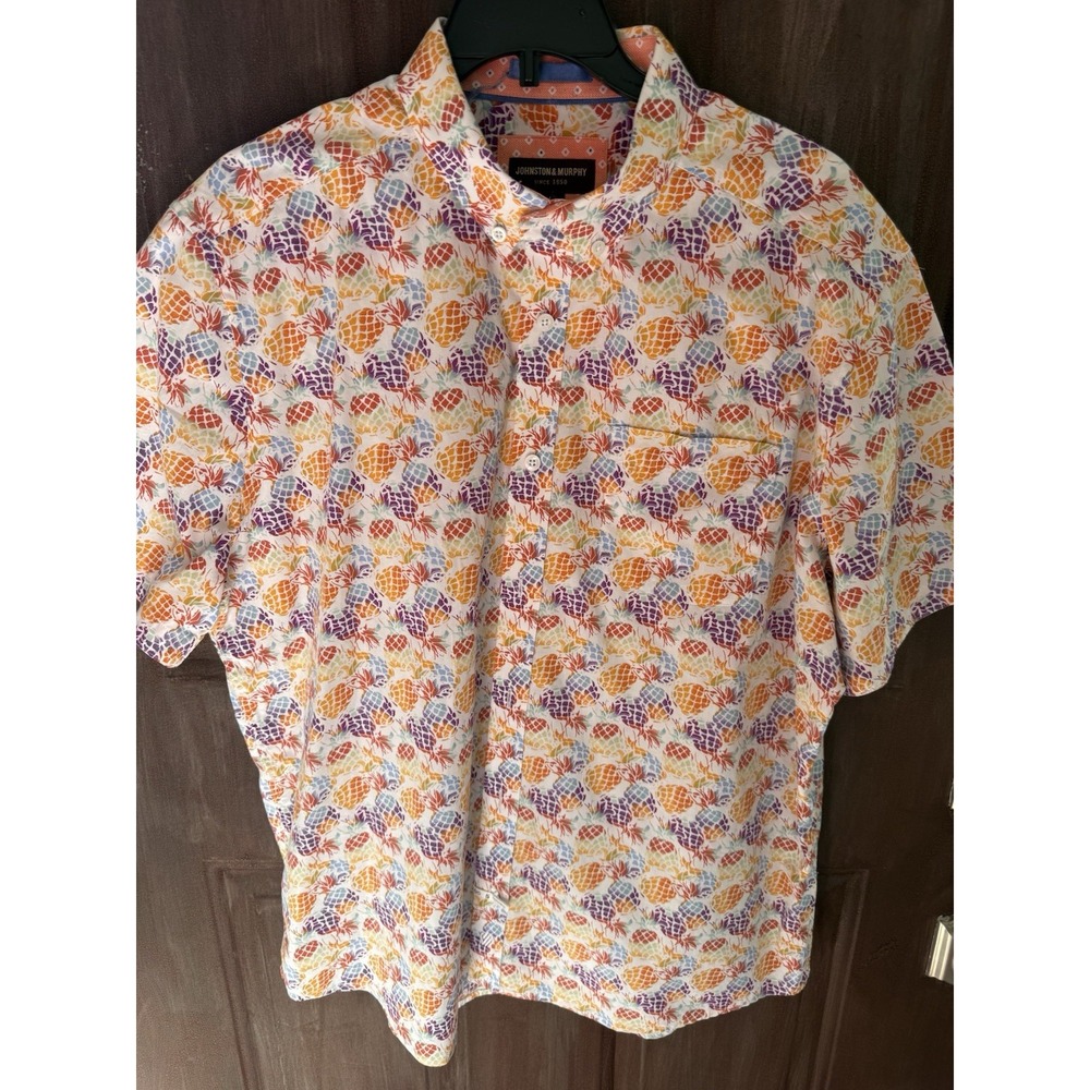 Johnston & Murphy Men L Pineapple Multicolor Button Up Short Slv Tropical Beach - Picture 8 of 9